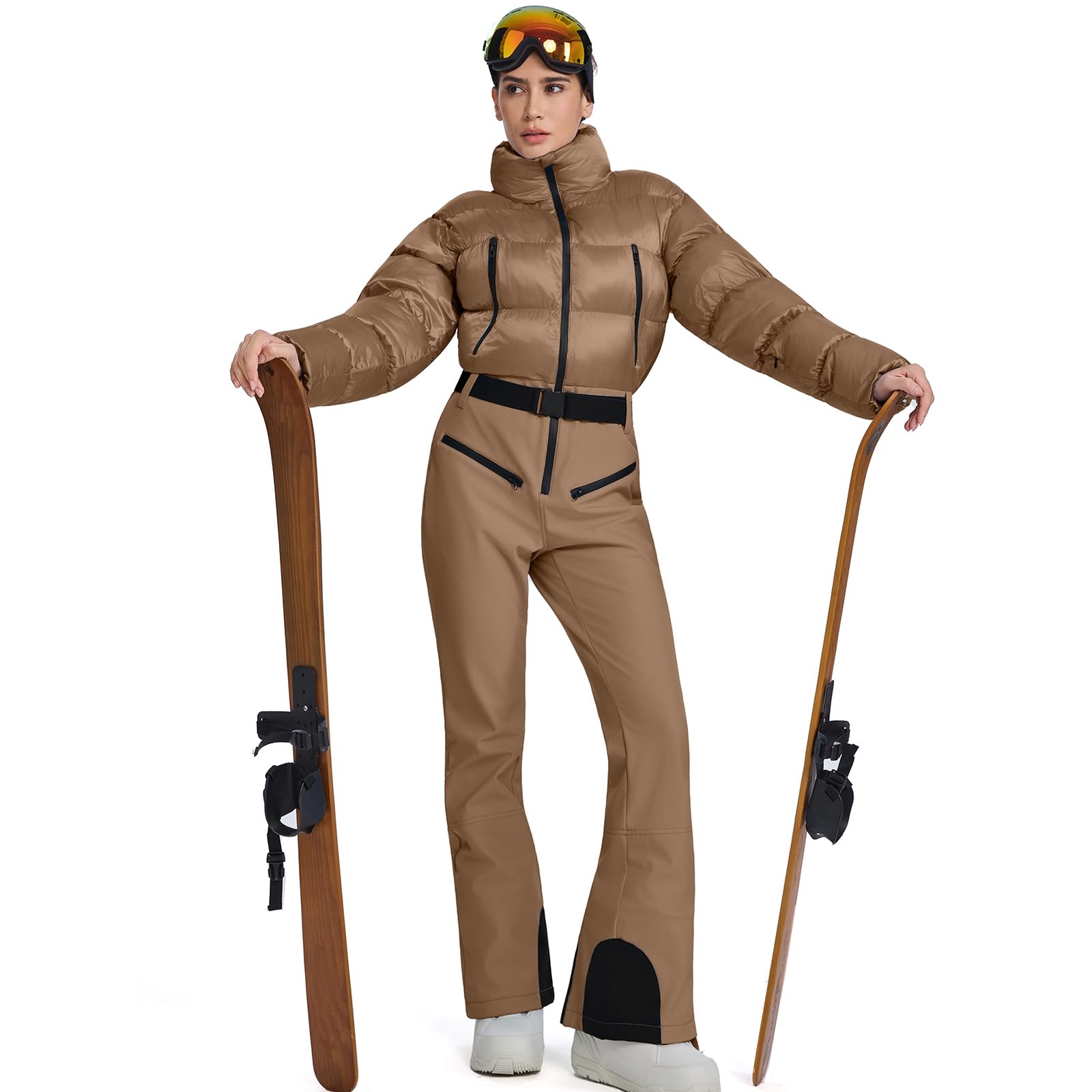 Photo 1 of WOWULOVELY Women Snowsuit Slim One Piece Jumpsuit Winter Onesies Ski Suit Outdoor Sports Waterproof Windproof Collar Coat(-Khaki-M)