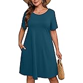 AusLook Plus Size Women's Summer Short Sleeves Crew Neck Midi Dresses Casual Loose Fitting Tank Sundress with Pockets