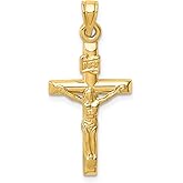 14k Real Yellow Gold Crucifix Pendant Necklace for Men and Women Featuring Jesus on the Cross INRI Detailing Spiritual Catholic Jewelry High Polish Religious Faith Charm Classic Christian Symbol