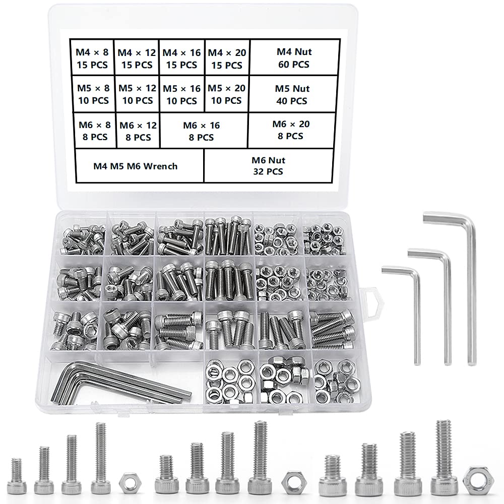 YIXISI 267 Stück M4 M5 M6 Edelstahl Sechskantschrauben Sortiment Kit, Sechskantkopf Inbusschraube Schrauben, Schrauben Set mit 1 Stück Inbusschlüssel