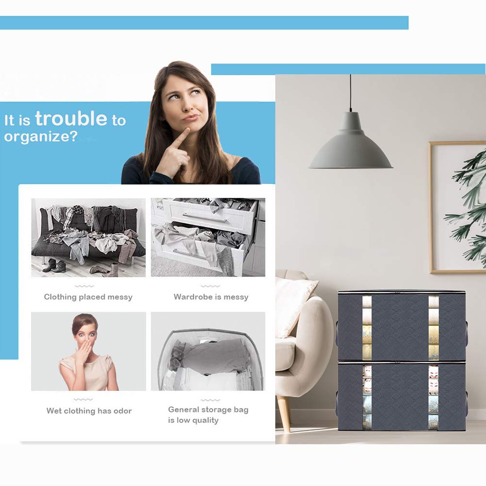 AUOTO Large Capacity Clothing Storage Bag Organizer, 2 Pack Foldable Storage Bags with Double Zippers, for Comforters, Large Clear Window & Portable Handles, Great for Clothes, Blankets, Closets(Gray)