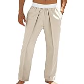 Runcati Mens Casual Linen Pants Elastic Waist Straight Leg Pants Lightweight Loose Fit Summer Beach Yoga Trousers