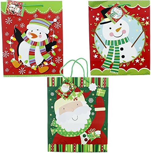 Colorful Christmas Holiday Printed Paper Gift Bags, Santa, Penguin and Snowman, Various Designs, Multicolor, Red, Green, White, Medium, 3 Pack, 12.5" x 10.5" x 5"