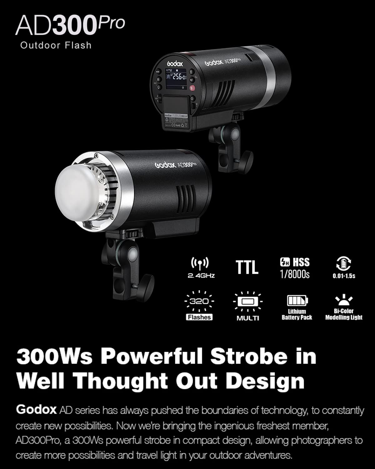 GODOX AD300Pro Studio Outdoor Strobe Flash, AD300 Pro 300W 2.4G TTL HSS 1/8000s Monolight Speedlite Light, 2600mAh Lithium Battery, 0.01-1.5s Recycle Time, 12W Bi-Color Dimmable Modeling LED