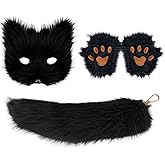 Merkaunis 4 Pcs Faux Fur Fox Tail Cat Wolf Cosplay Costume Set, Therian Mask Glove and Tail Set for Halloween Christmas Party, a Fox Mask a Pair of Paws Gloves and a Furry Tail, Black