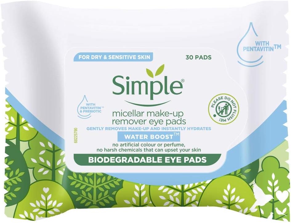 Simple Water Boost Eye Makeup Remover Wipes Pads 30 Count Gentle Cleansing
