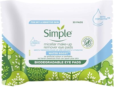Simple Water Boost Eye Makeup Remover Wipes Pads 30 Count Gentle Cleansing