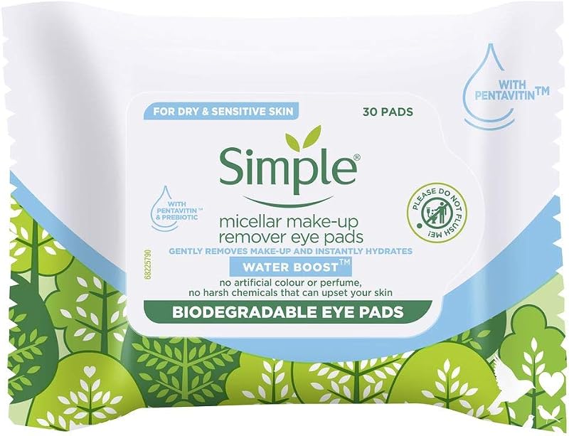 Simple Water Boost Eye Makeup Remover Wipes Pads 30 Count Gentle Cleansing