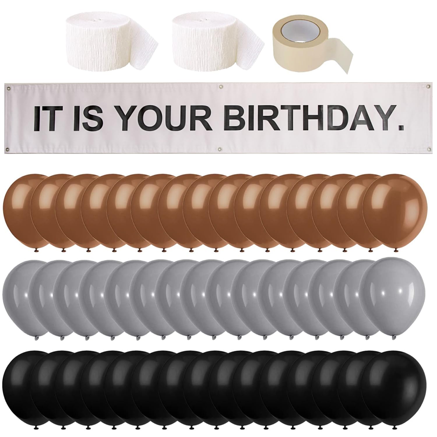 Photo 1 of It is Your Birthday Banner, The Office Dwight Theme Husband Boyfriend Office Birthday Party Decorations, Brown Black Grey Balloons White Crepe Streamers and Tape, Office Parties, Retirement 49Pcs