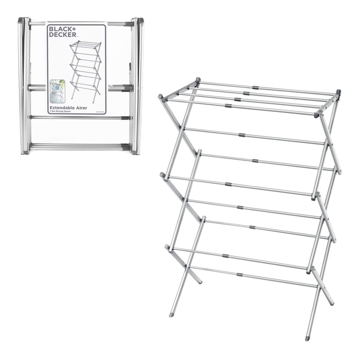BLACK+DECKER BXAR61069E Extendable Compact Clothes Airer, Cool Grey, 7.5M Drying Space