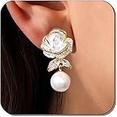 YONARROS Elegant Pearl Flower Earrings for Women Cubic Zirconia Gold Floral Earrings Dangle Lightweight