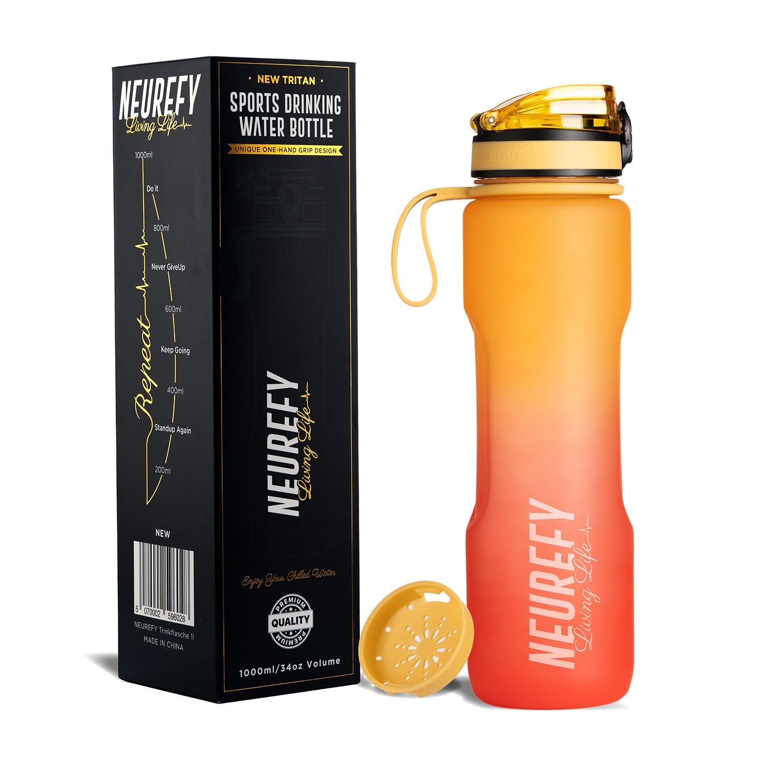NEUREFY Drinking Bottle 1 Litre Tritan Fire Orange - Leak-Proof, Grip-Proof, BPA-Free - Sports Bottle with Indicator Drinking Quantity & Strainer - Gym, Outdoor, Office