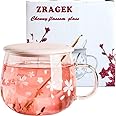 ZRAGEK Transparent Borosilicate Glass Sakura Cup, Heat Resistant Drinking Glasses With Ceramic Lid, Latte Coffee Mug With Scale, 400ml/13.5 Oz Tea Cup With Handle(A,14.1oz)