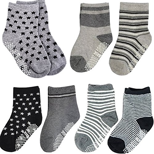 Kakalu 6 Pairs Assorted Non Skid Ankle Cotton Socks Baby Walker Boys Girls Toddler Anti Slip Stretch Knit Stripes Star Footsocks Sneakers Crew Socks with Grip for 16-36 Months Baby