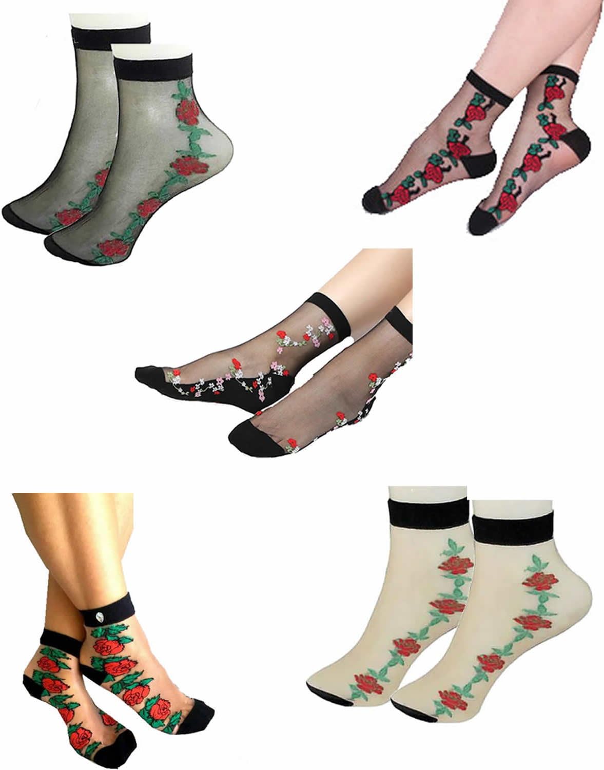 Hind Home Women's Ankle Length Floral Print Transparent Socks (Pack Of 5)