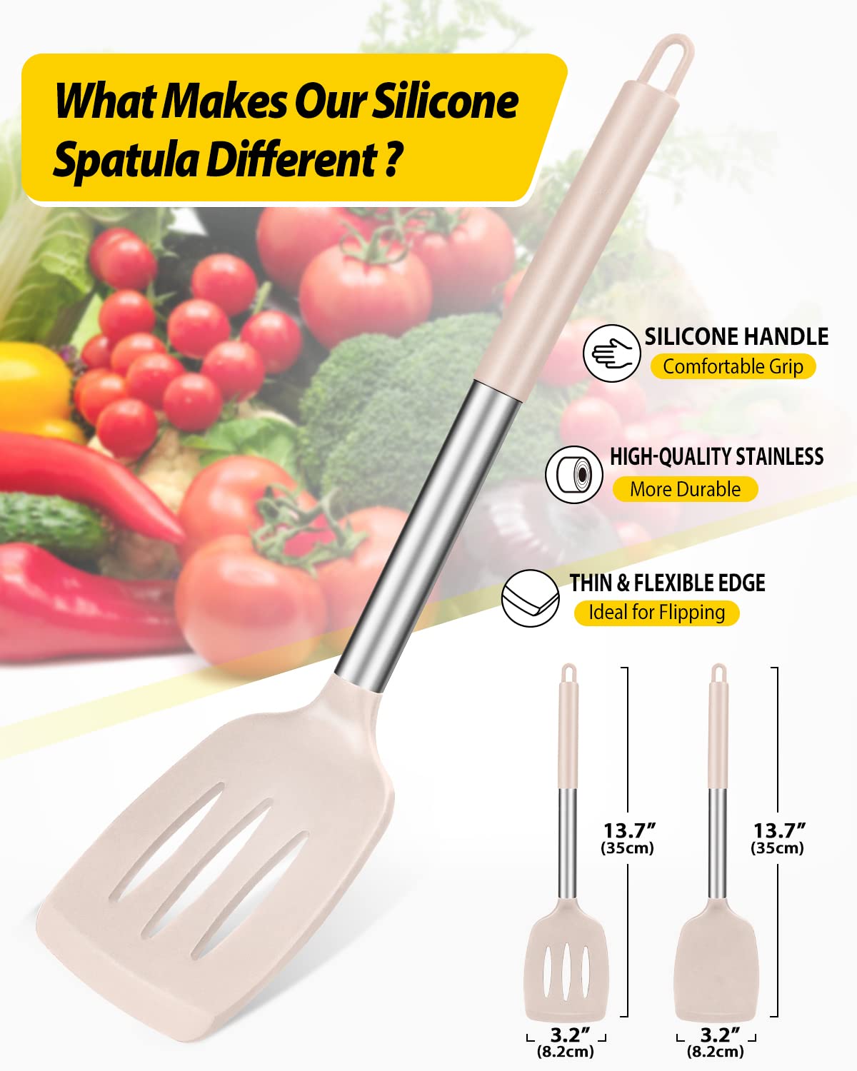 Pack of 2 Silicone Solid Turner, Non Stick Slotted Kitchen Spatulas, High Heat Resistant BPA Free Cooking Utensils, Ideal Cookware for Fish, Eggs, Pancakes(Stainless Steel Khaki)