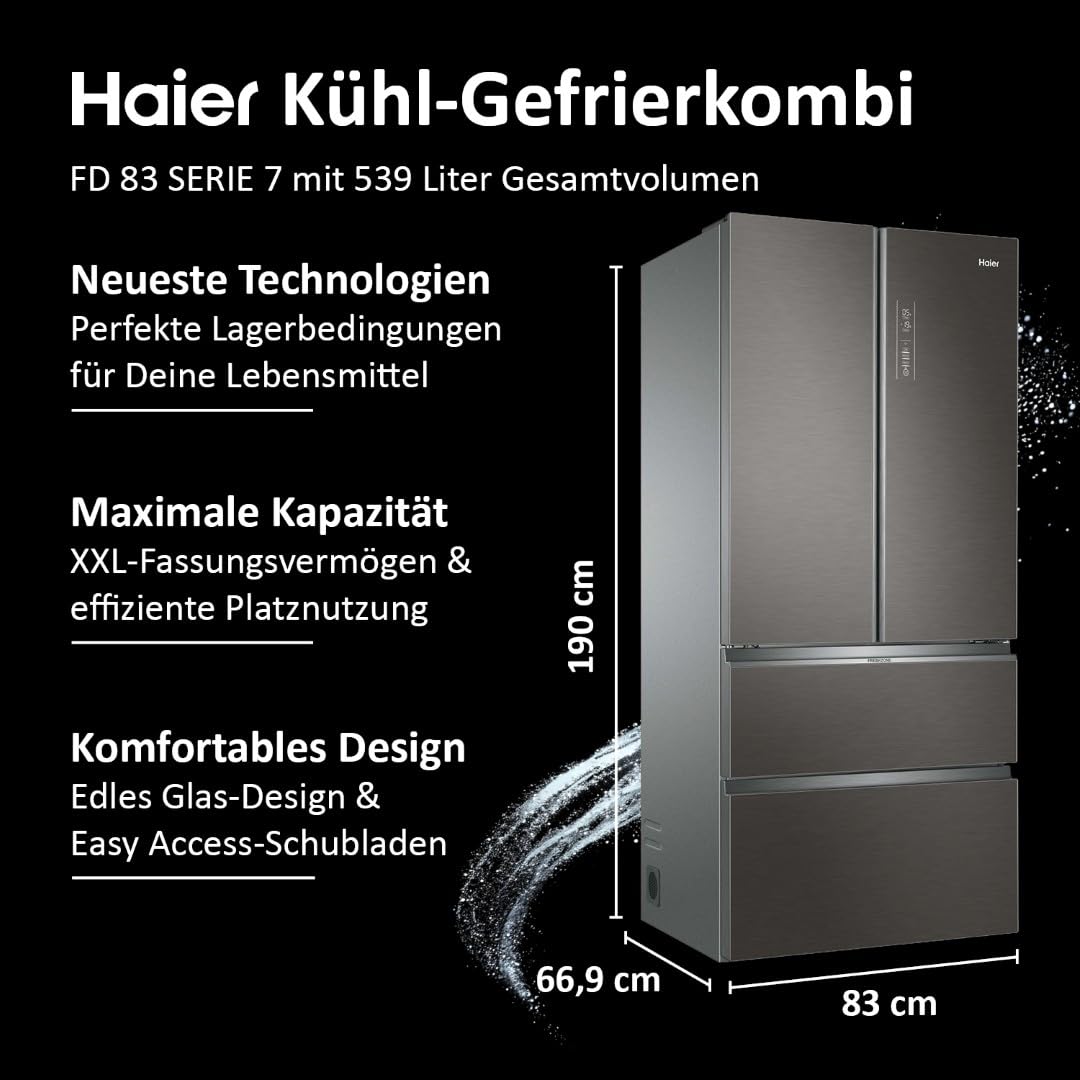 Haier French Door Kühl-Gefrierkombination I 83 cm Breite, 539 L I French Door Kühlschrank mit Eiswürfelbereiter, Touch & No Frost I Doppeltür Kühlschrank mit Gefrierfach I FD 83 SERIE 7 HB18FGSAAA 3