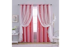 Anytime Romantic Kids Curtain,Hollow-Out Stars Window Curtain Double Layer Blackout Curtains for Girls Bedroom Kids Room 2Panel,(W52 x L72,Pink)