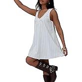 Womens Babydoll Tank Dress Y2k Lace Trim Square Neck Mini Dress Loose Aesthetic Sleeveless Flowy Backless Short Sundress