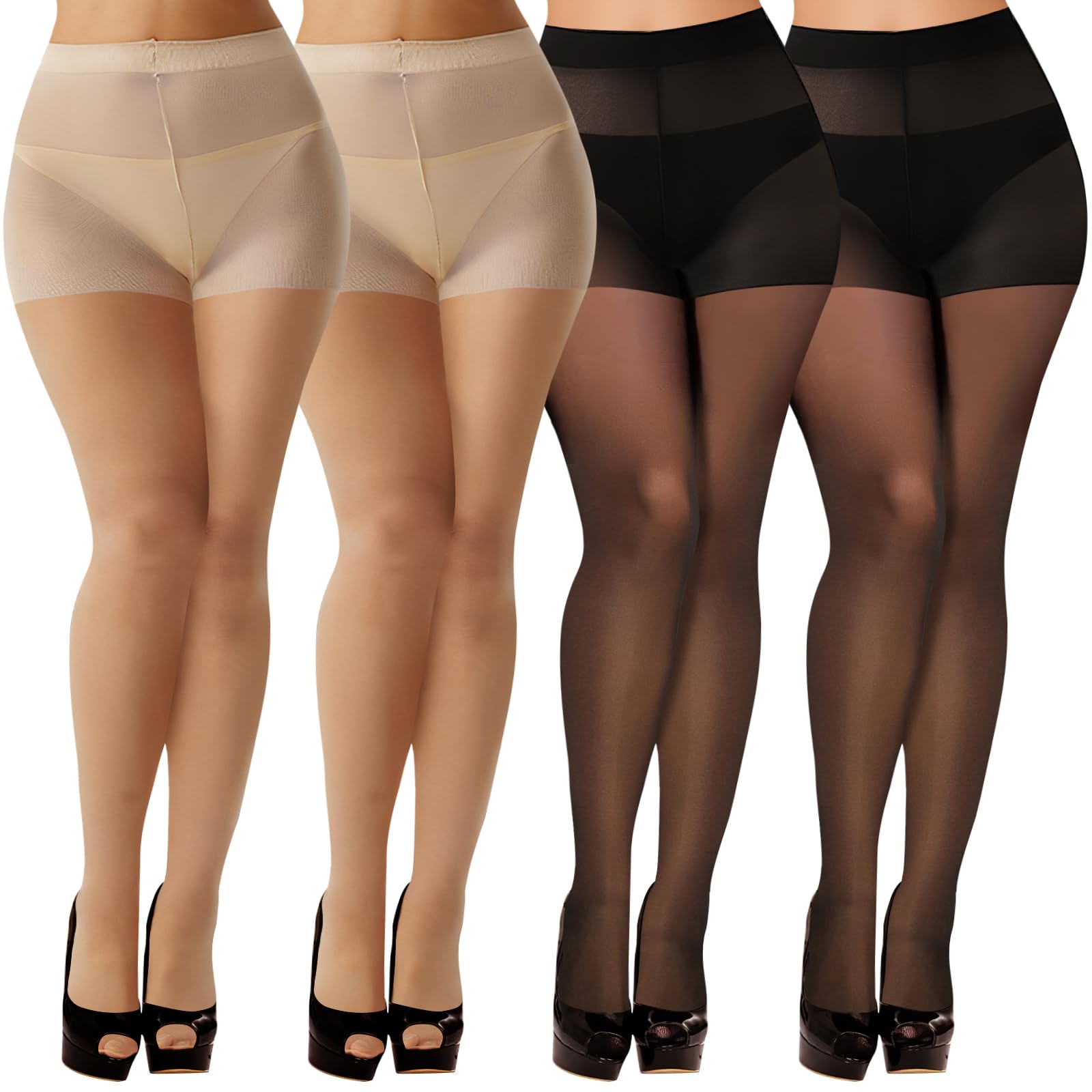 Photo 1 of Buauty 4 Pack 20D Sheer Black Tights for Women Control Top Run Resistant Pantyhose Reinforced Toe Tummy Control Stockings
