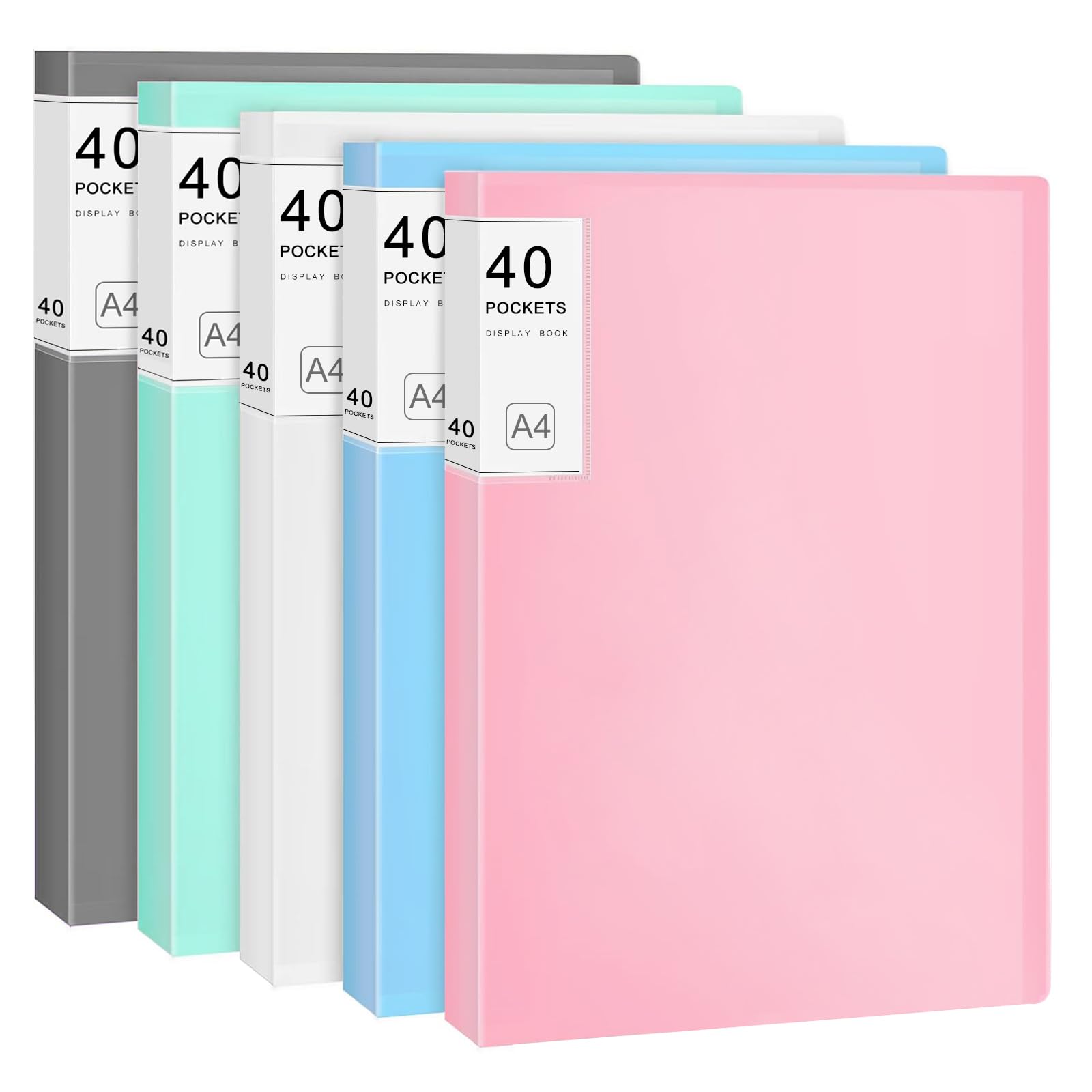 XHDA 5 Pack A4 Display Folders with 40 Pockets, Plastic A4 Display Book for Filing, School, Presentations (5 Colours)