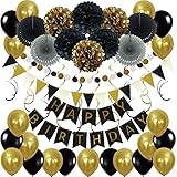 Zerodeco Birthday Decoration Set, Happy Birthday Banner Bunting with 4 Paper Fans Tissue 6 Paper Pom Poms Flowers 10 Hanging Swirls and 20 Balloons for Birthday Party Decorations - Black and Gold