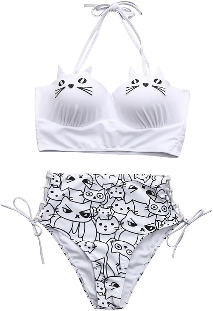 WOCACHI Women 2020 Summer Girls Cute Halter Kitty Cat Bikini Set Underwire Padded Bathing Swimsuit Swimwear