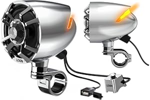 LEXIN S35 Motorcycle Speakers Bluetooth Waterproof, 200W Handlebar Stereo Audio Systems, 3.5" Full Range Speakers, FM Radio, LED Lights, Button Control, Compatible with ATVs/UTVs/12V Vehicles, Chrome