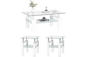 Meihua Glass Coffee Table and End Table Set of 3, Living Room Table Set with Tempered Glass & Metal Legs for Livingroom Center Table, Sofa Bedroom Nightstand. (Set of 3, Clear Glass + White Leg)