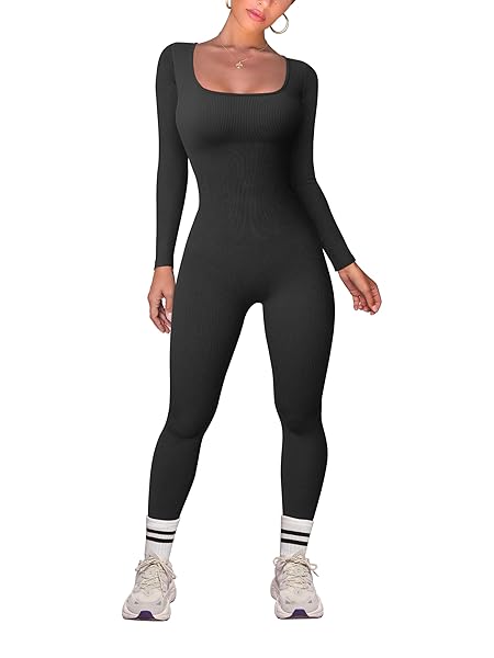 TOB WOMEN YOGA JUMPSUITS WORKOUT RIBBED LONG SLEEVE SQUARE NECK SPORT JUMPSUITS BLACK