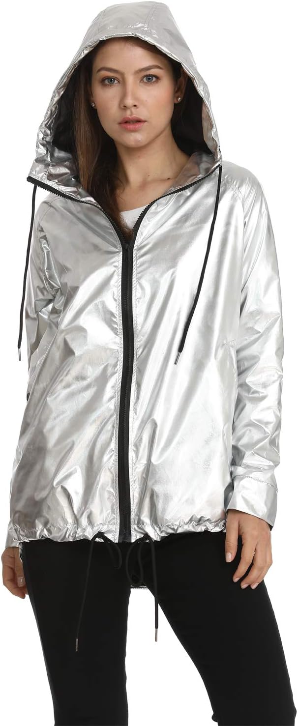 Ladies Waterproof RAIN MAC Parka Womens Hooded Gold Metallic Coat Jacket Festival Raincoat Size 8-24 (