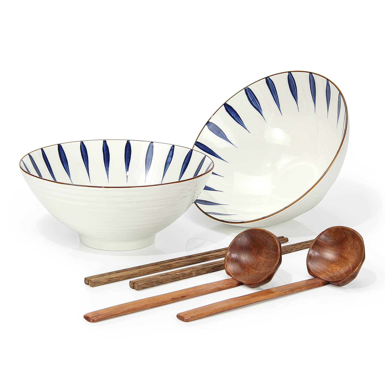 Tableware Ramen Bowl Ceramic Set of 2 - Porcelain Noodles Bowls Dinner Sets for Pasta Soup Pho Mixing Salad Dishes Snack cereal Food with Spoons Chopsticks Kit 1100 Ml for New Home House Warming Gifts