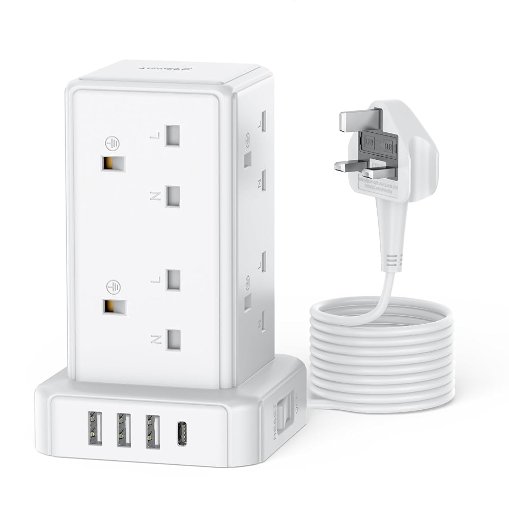 Kemelo 8 Way Tower Extension Lead with 4 USB Ports 2M Cable 13A 3250W