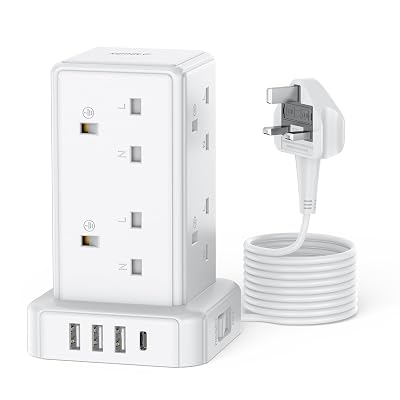 Kemelo 8 Way Tower Extension Lead with 4 USB Ports 2M Cable 13A 3250W
