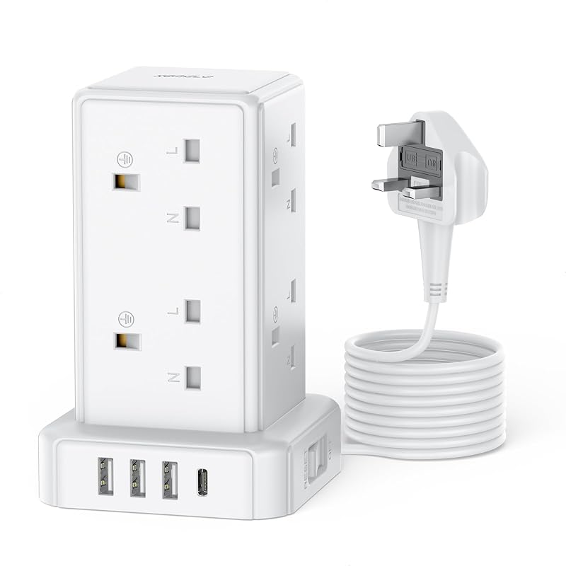Kemelo 8 Way Tower Extension Lead with 4 USB Ports 2M Cable 13A 3250W