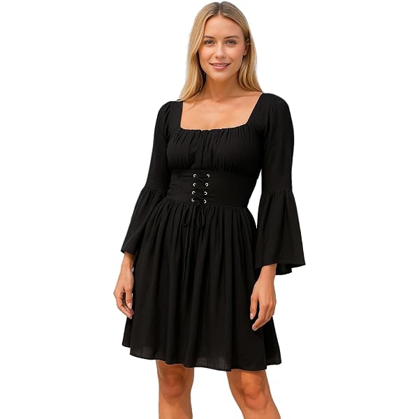 Amazon.com: tuduoms Women's Renaissance Medieval Costumes Pirate Corset Dress  Vintage Flare Sleeve Short Dress High Low Victorian Dress Black : Clothing,  Shoes & Jewelry
