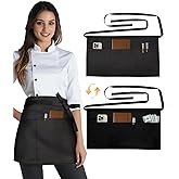 Slohif Reversible Server Apron 6 Pockets - Waist Apron for Waitress Women Half Serving Short Apron Waiter Kitchen Accessories