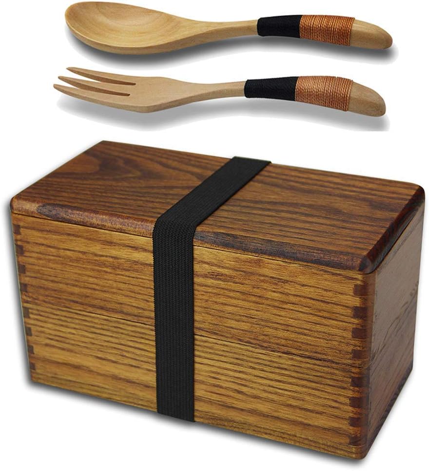 AOOSY Bento Lunch Box,Japanese Style Traditional Natural Wooden Bento Lunch Boxes Double Layer Food Fruit Sandwich Container Sushi Kit Box for Travel School Camping(with Wood Fork Spoon)