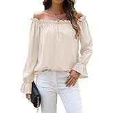 Halife Women Off Shoulder Blouses Long Sleeve Ruffle Trim Loose Casual Shirts Tops