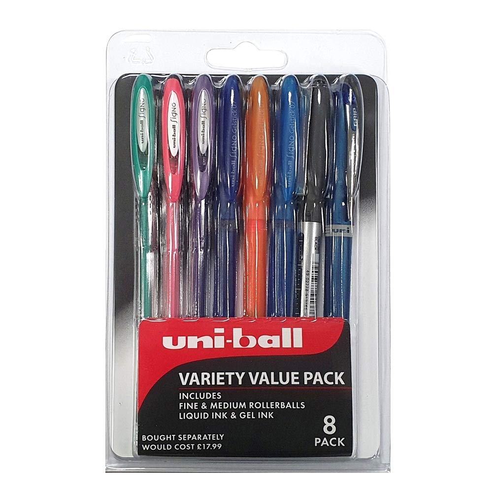 8 x Uni-Ball Variety Value Pack, Set Includes Black/Metallic/Glitter Liquid & Gel Ink, Fine & Medium Point Rollerball Pens, Assorted Colours