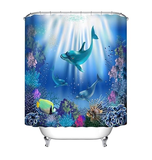 LB Dolphins shower curtain with Hooks,Fish Animal Coral Plants in the