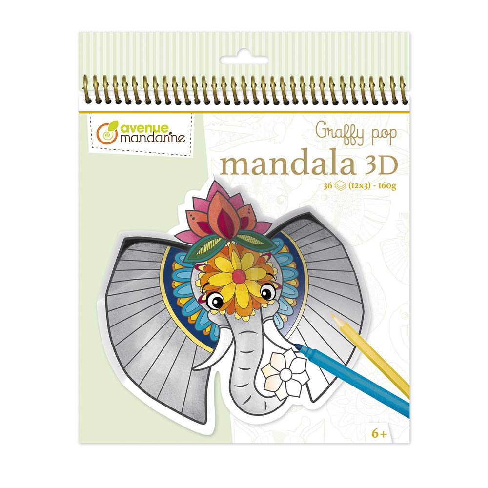 Avenue Mandarine - Ref GY106C - Graffy Pop 3D Mandala Colouring Book - Animals of the Savannah - 36 Pre-Cut Colouring Pages, 12 Designs, 250gsm Micro-Perforated Paper, Suitable for Ages 6+