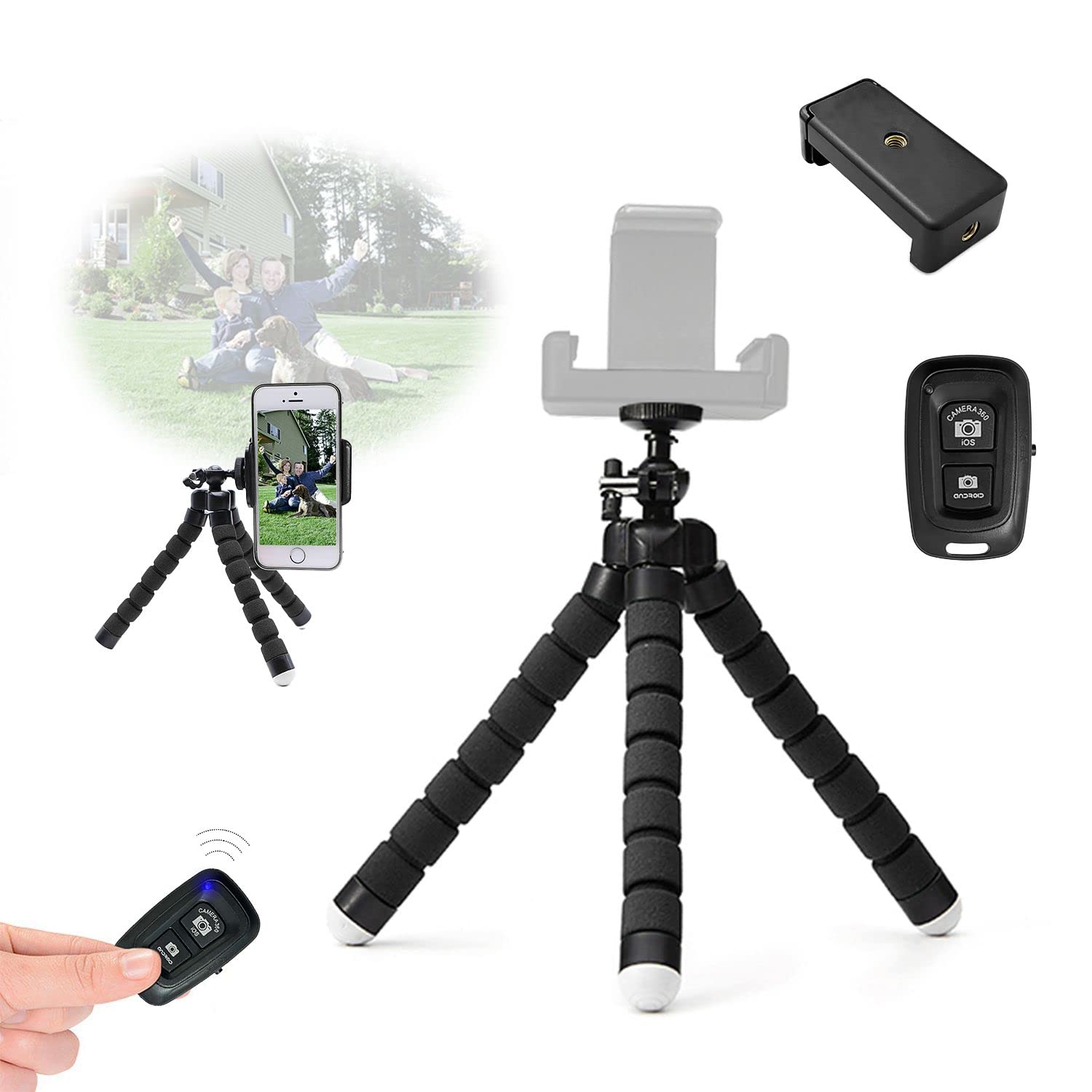 Phone Tripod, Mini Tripod, Tripod with Bluetooth Control and Smartphone Holder, Black