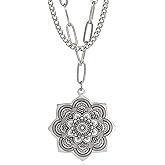 EUEAVAN Women Mandala Flower of Life Necklace, Dainty Layered Stainless Steel Chain Buddhist Lotus Flower Om Mandala Pendant Necklace, Mandala Gifts for Women and Girls