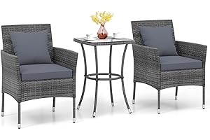 KOTEK 3 Pieces Patio Furniture Set, PE Rattan Outdoor Conversation Set with Tempered Glass Table & Soft Cushions, Wicker Bistro Set for Garden, Porch, Balcony (Grey)
