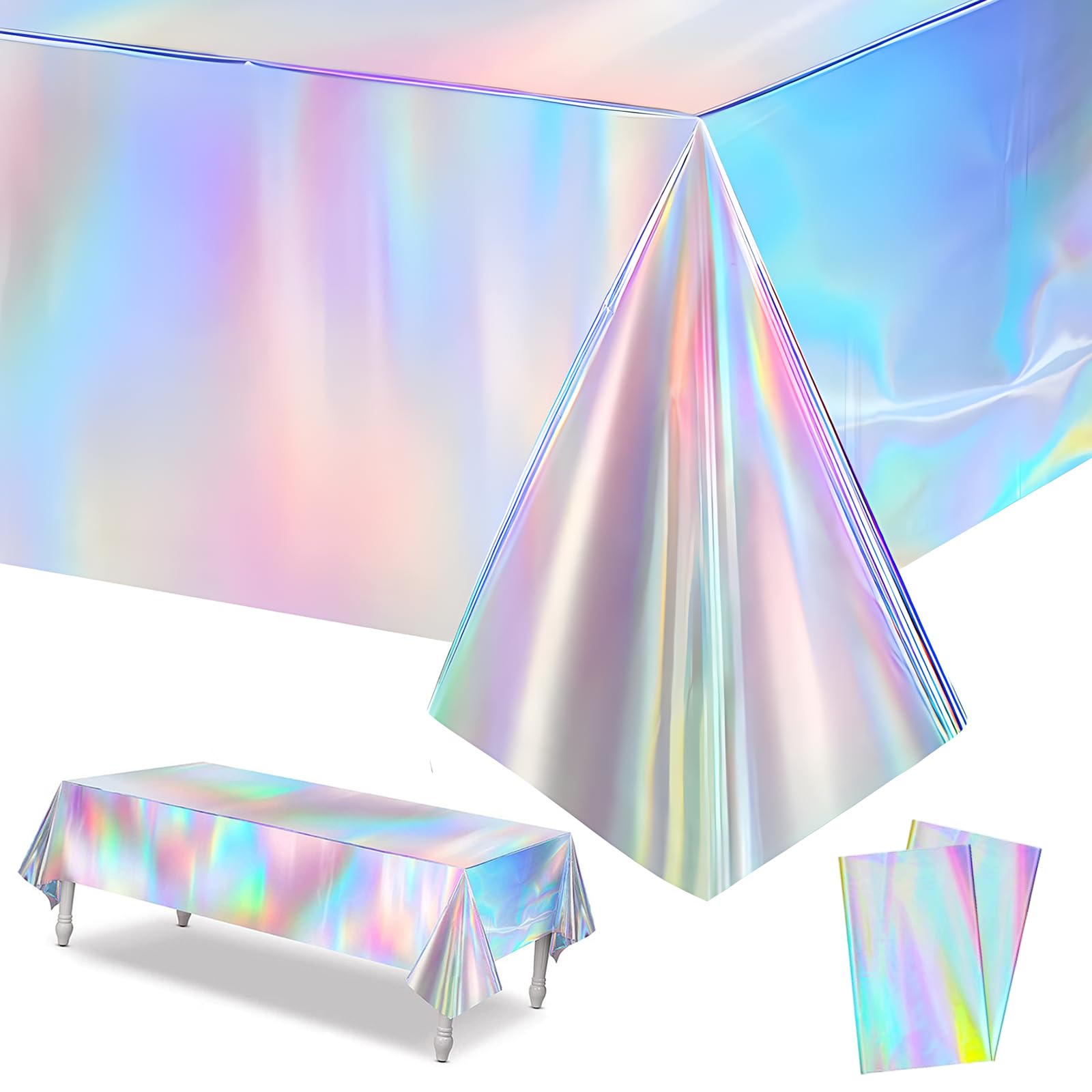 LHLZNB 54 x 108 Inch Iridescent Plastic Tablecloths Rainbow Laser Table Covers, Shiny Table Cloth Holographic Foil for Outdoor Picnic Wedding Birthday Party Table Decorations (2)