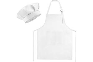 Morcheiong Kids Chef Hat and Apron Set, Adjustable Children's Painting Apron and Chef Hat with 2 Pocket for Cooking Baking