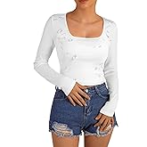 Remidoo Women Square Neck Ribbed Knit Tops Long Sleeve Cropped T Shirt Fitted Shirts