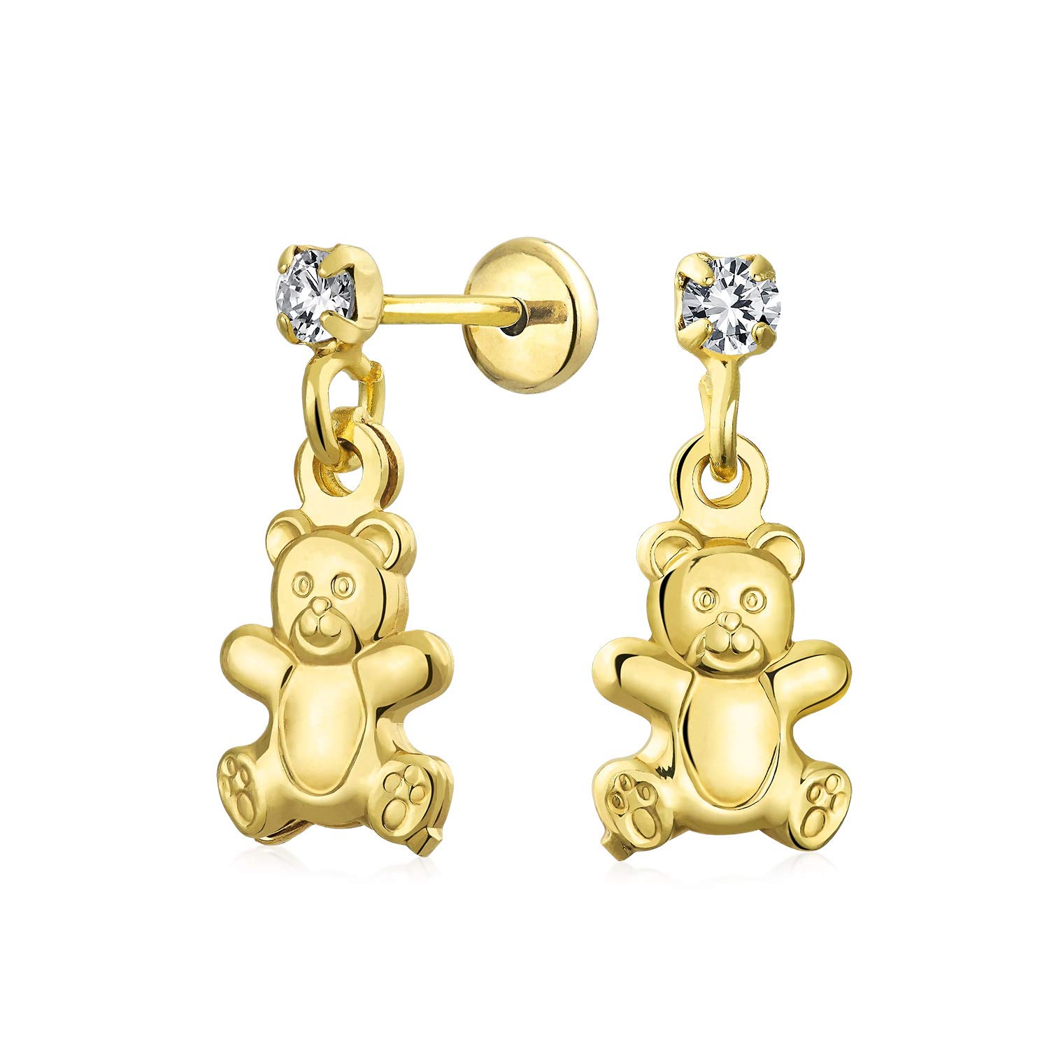 Whimsical Playful Stuff Animal Teddy Bear Dangling Stud Earrings For Girls Young Teen CZ Accent Yellow Gold Plated Brass