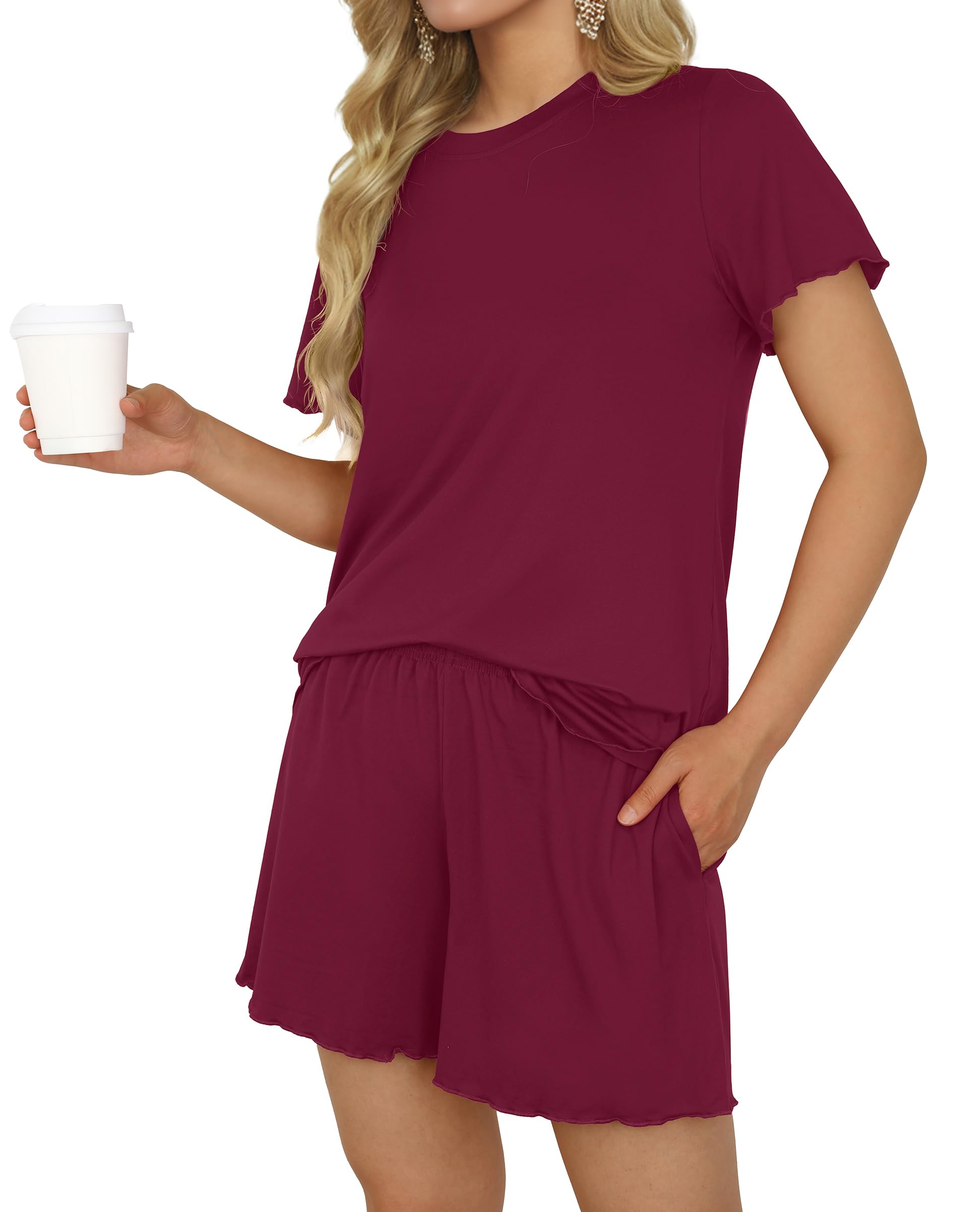 Photo 1 of PrinStory Womens Pajama Sets Soft Pajamas Set for Women Short Pajama Sets with Pockets Wine Red-XL